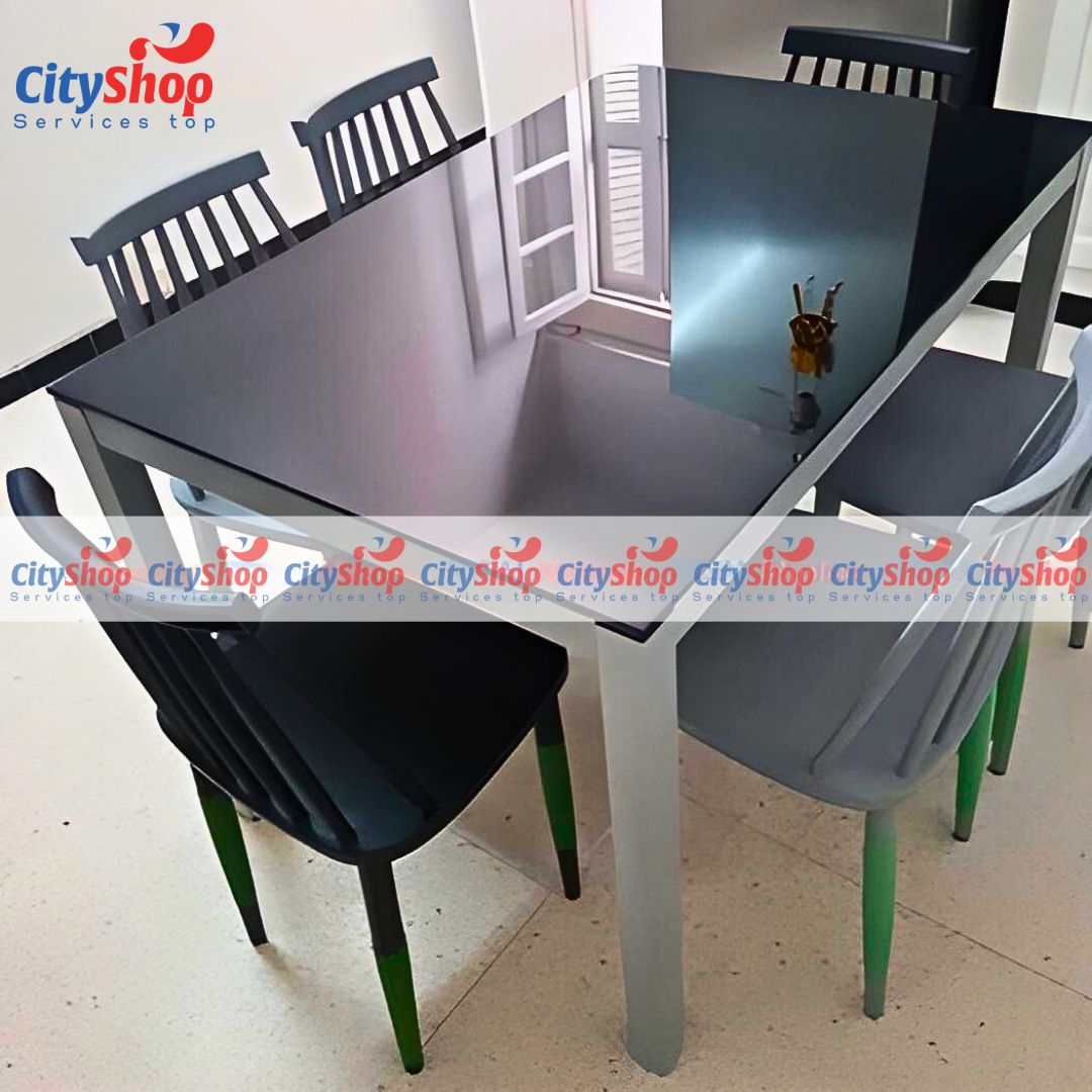 Table à manger 150x90cm vitre colorée avec 6 chaises Bird
